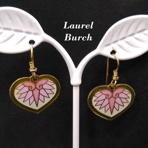 Vintage Laurel Burch Hollyhock Floral Earrings Gold Plated Pink Green White